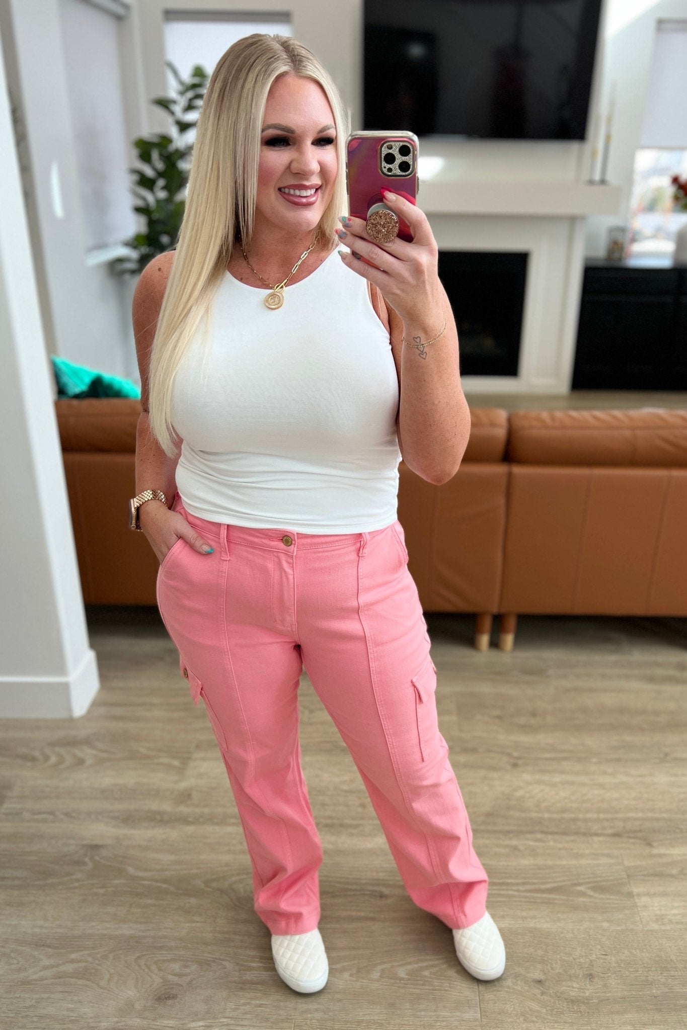 Peggy High Rise Cargo Straight Jeans in Pink (Online Exclusive) - Uptown Boutique Ramona