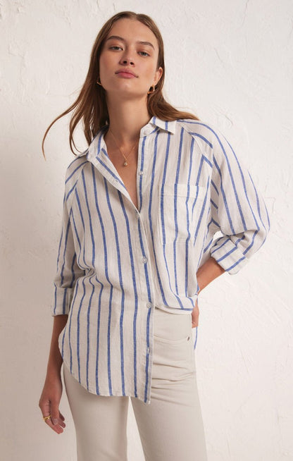 PERFECT LINEN STRIPE TOP - Uptown Boutique Ramona