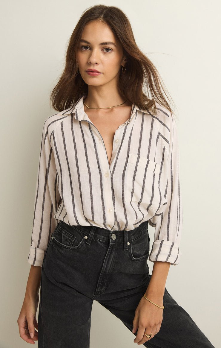 PERFECT LINEN STRIPE TOP - Uptown Boutique Ramona