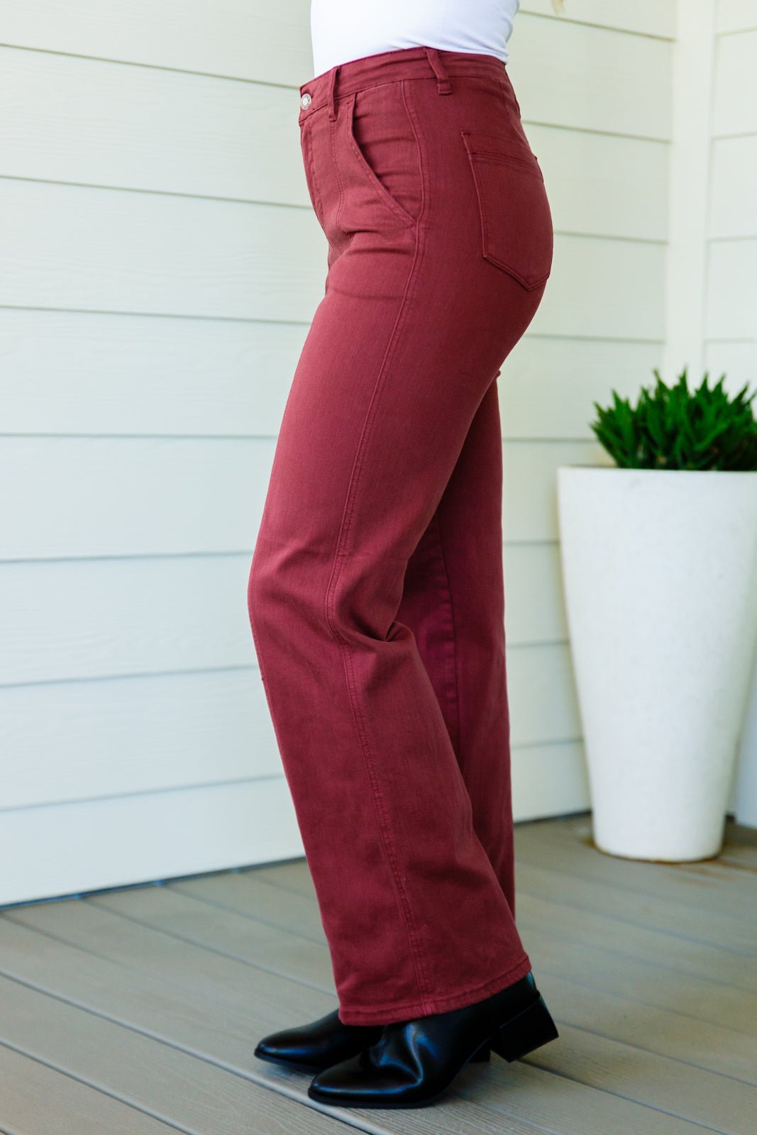 Phoebe High Rise Front Seam Straight Jeans in Burgundy (Online Exclusive) - Uptown Boutique Ramona