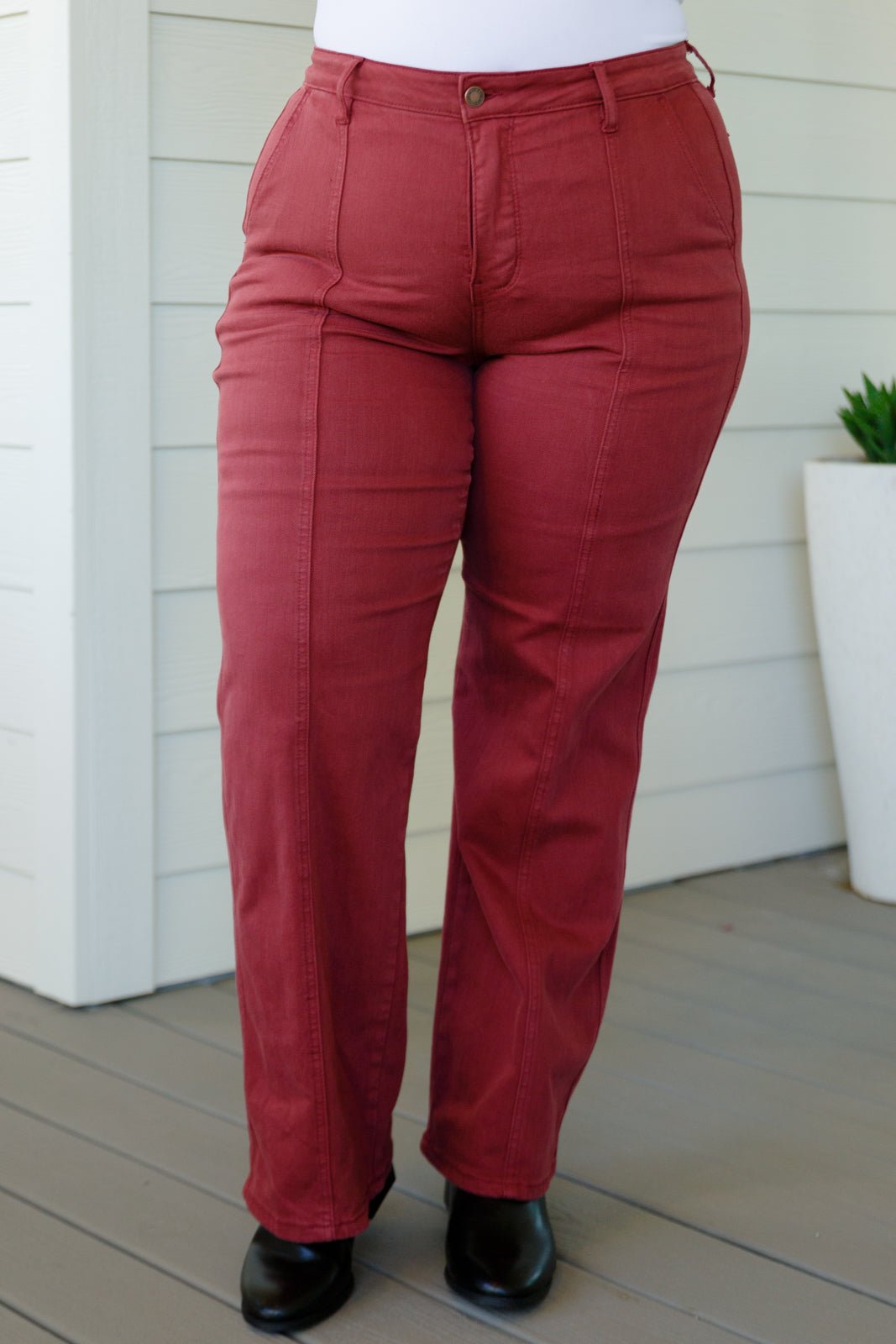 Phoebe High Rise Front Seam Straight Jeans in Burgundy (Online Exclusive) - Uptown Boutique Ramona