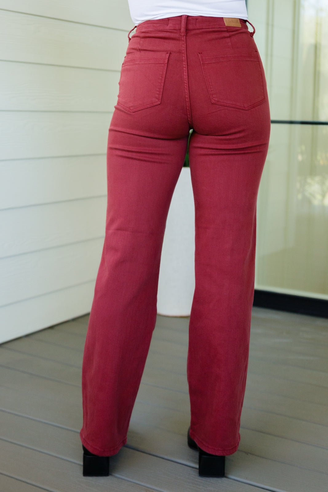 Phoebe High Rise Front Seam Straight Jeans in Burgundy (Online Exclusive) - Uptown Boutique Ramona