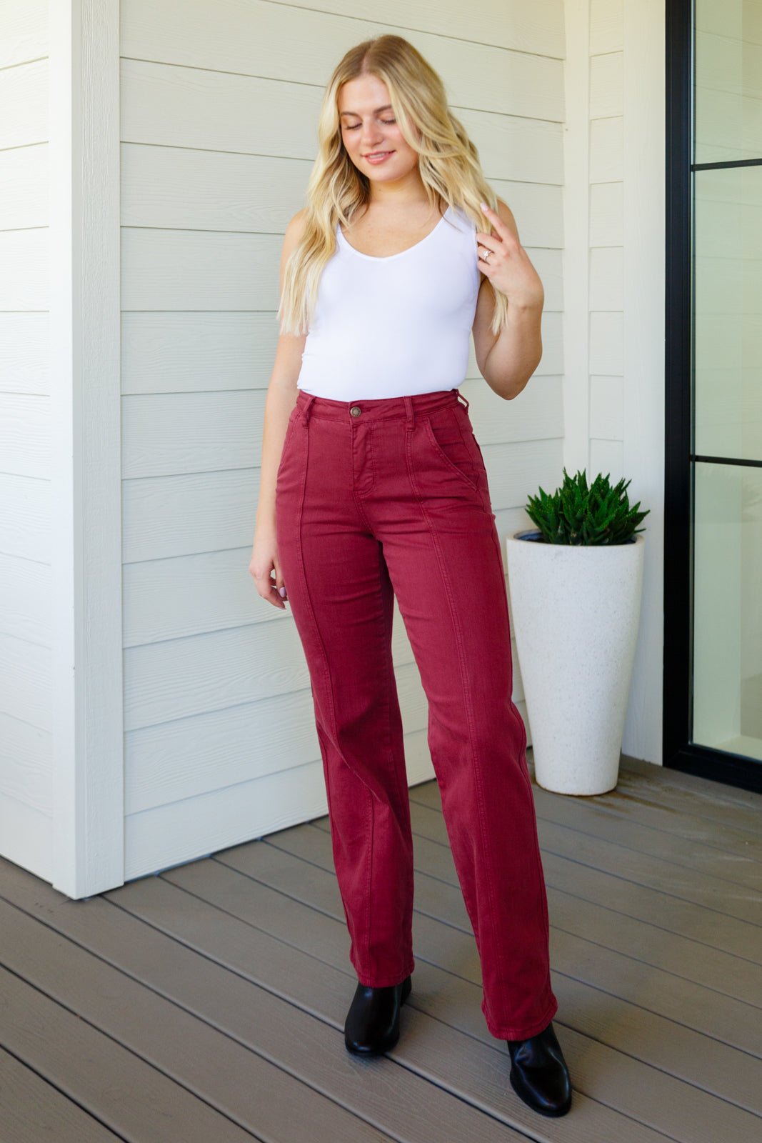 Phoebe High Rise Front Seam Straight Jeans in Burgundy (Online Exclusive) - Uptown Boutique Ramona
