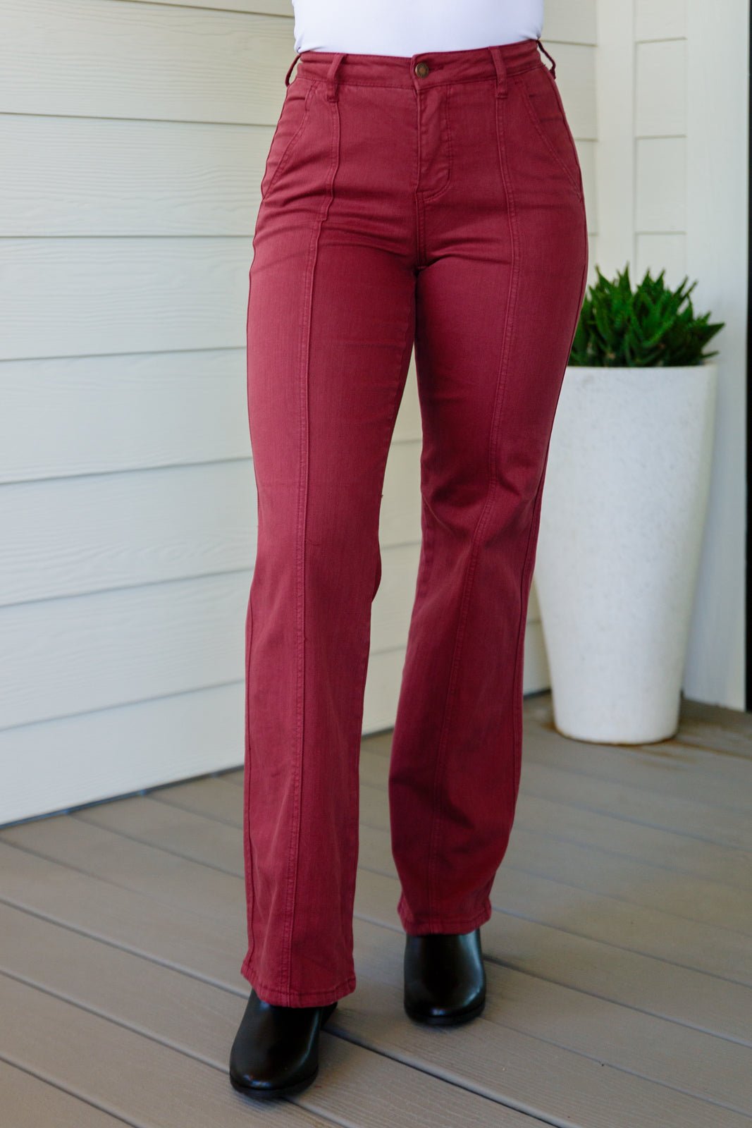 Phoebe High Rise Front Seam Straight Jeans in Burgundy (Online Exclusive) - Uptown Boutique Ramona
