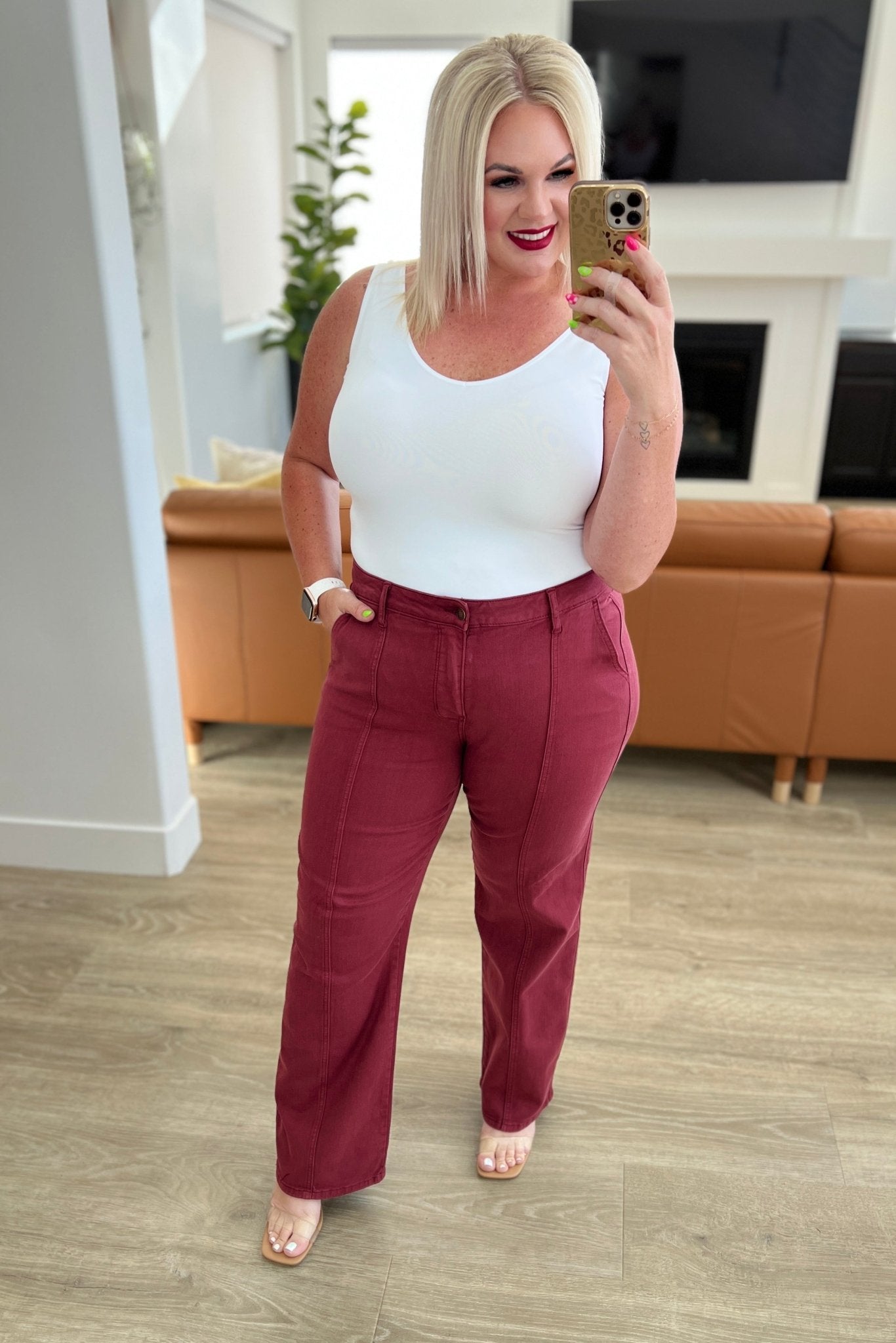 Phoebe High Rise Front Seam Straight Jeans in Burgundy (Online Exclusive) - Uptown Boutique Ramona