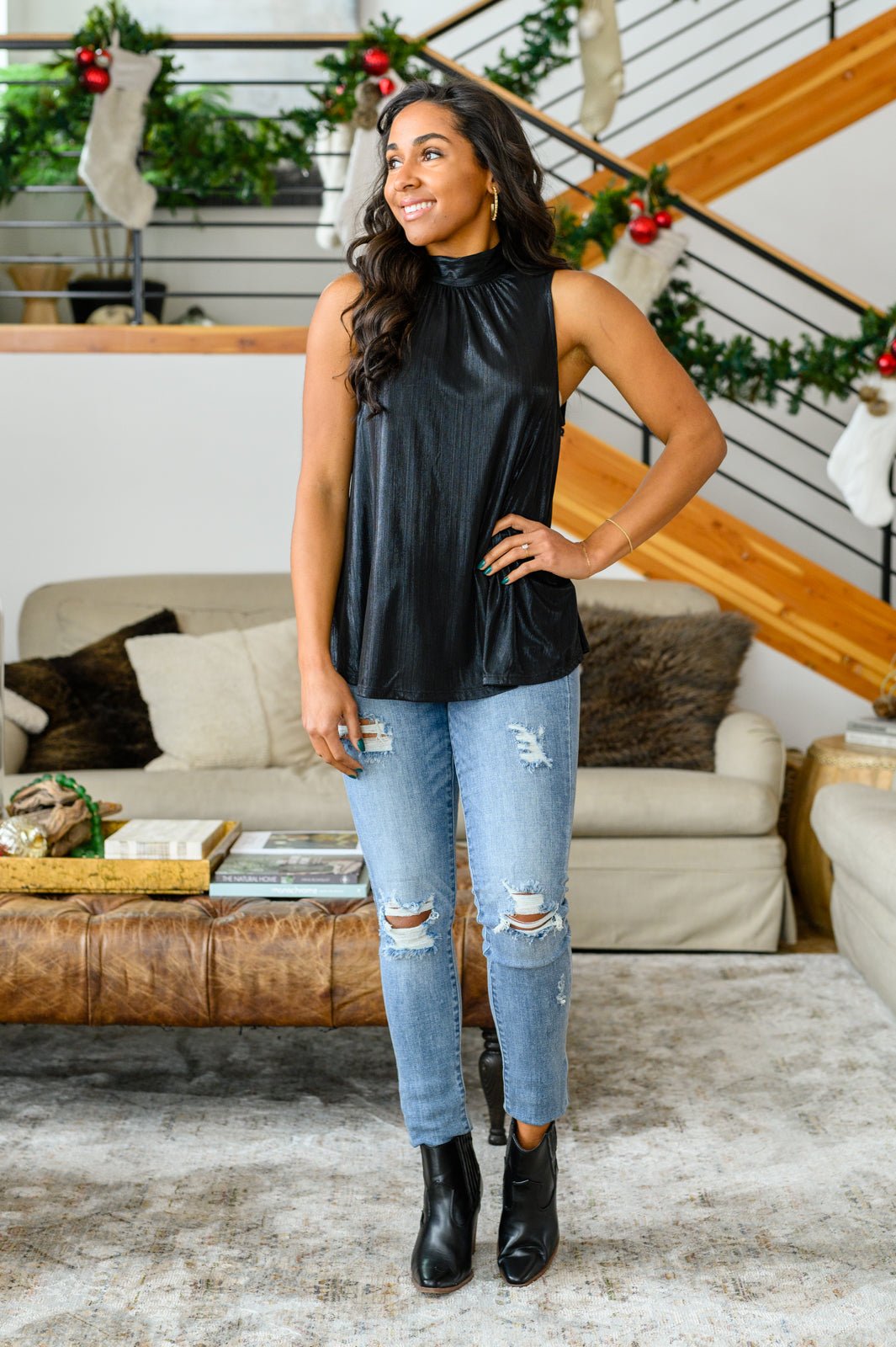 Photo Opt Sleeveless Blouse in Black (Online Exclusive) - Uptown Boutique Ramona