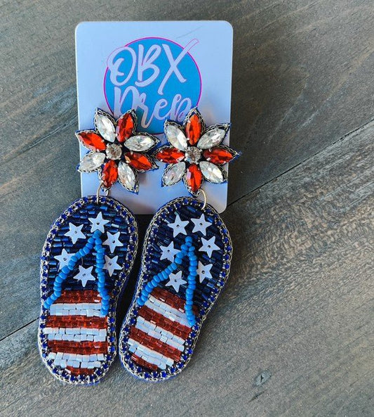 Red, White & Blue Flip Flop Beaded Earrings - Uptown Boutique Ramona