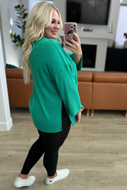 Ribbed Brushed Hacci Henley in Kelly Green (Online Exclusive) - Uptown Boutique Ramona