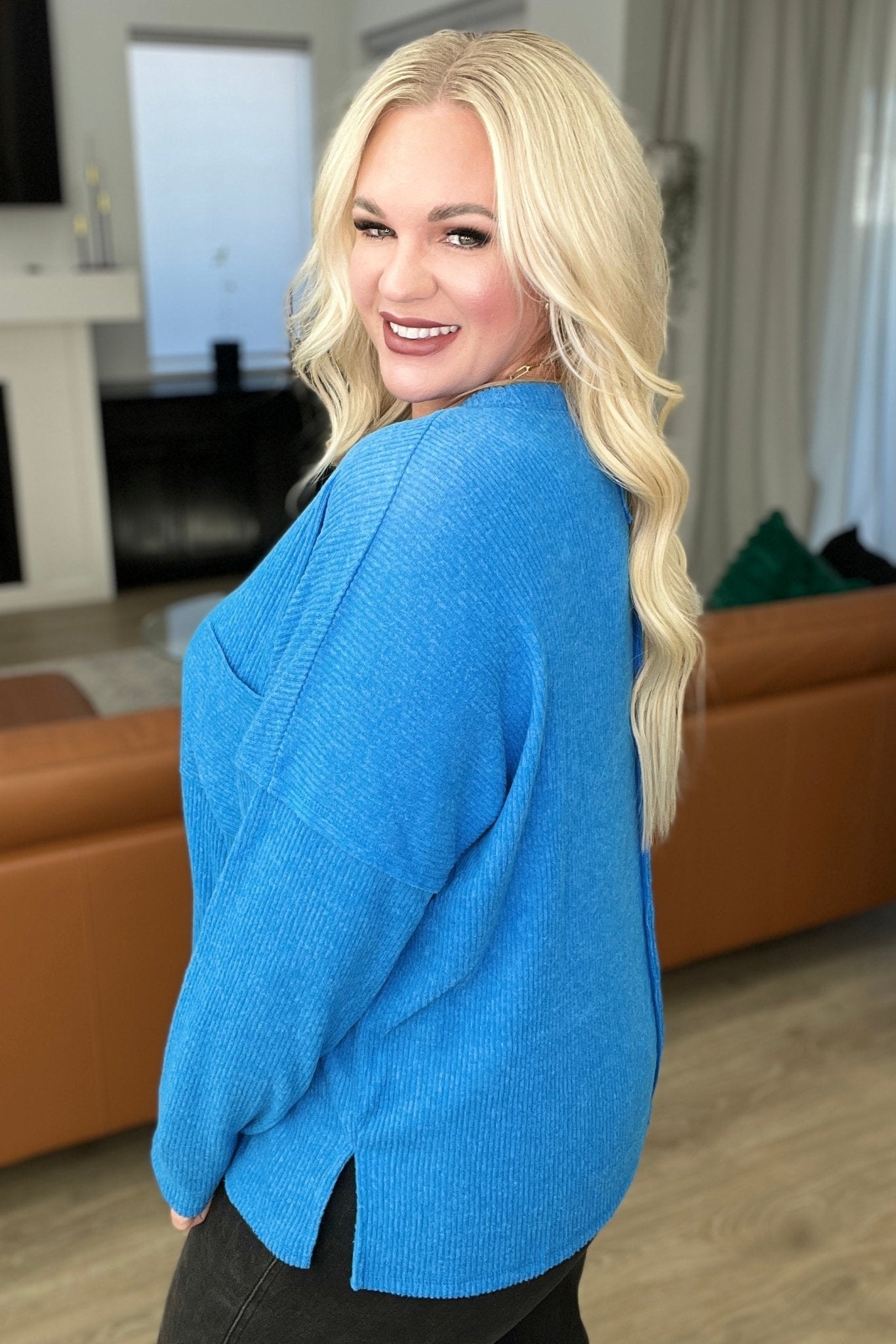 Ribbed Brushed Hacci Sweater in Ocean Blue (Online Exclusive) - Uptown Boutique Ramona