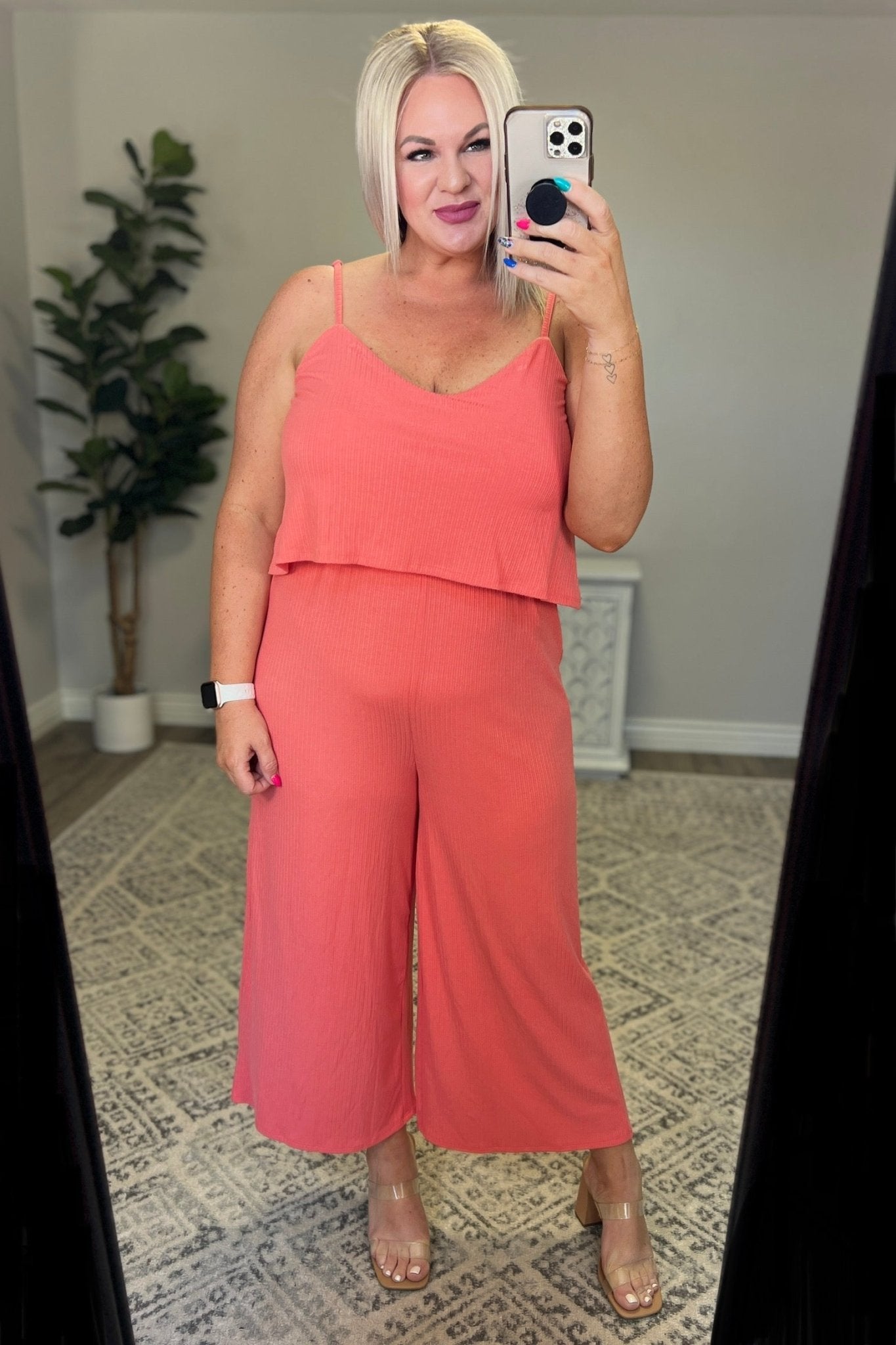 Ribbed Double Layer Jumpsuit in Deep Coral (Online Exclusive) - Uptown Boutique Ramona