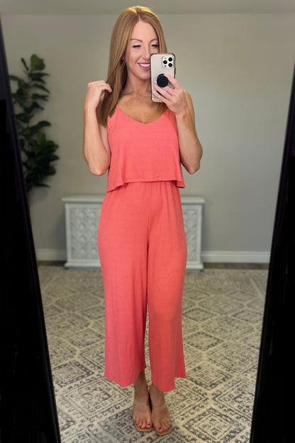 Ribbed Double Layer Jumpsuit in Deep Coral (Online Exclusive) - Uptown Boutique Ramona