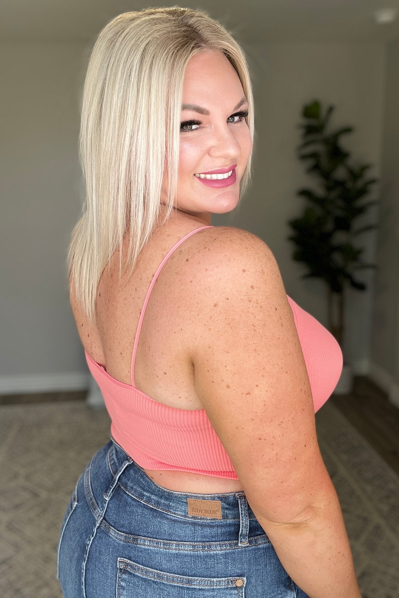 Ribbed Seamless Spaghetti Strap Crop Cami in Coral Pink (Online Exclusive) - Uptown Boutique Ramona