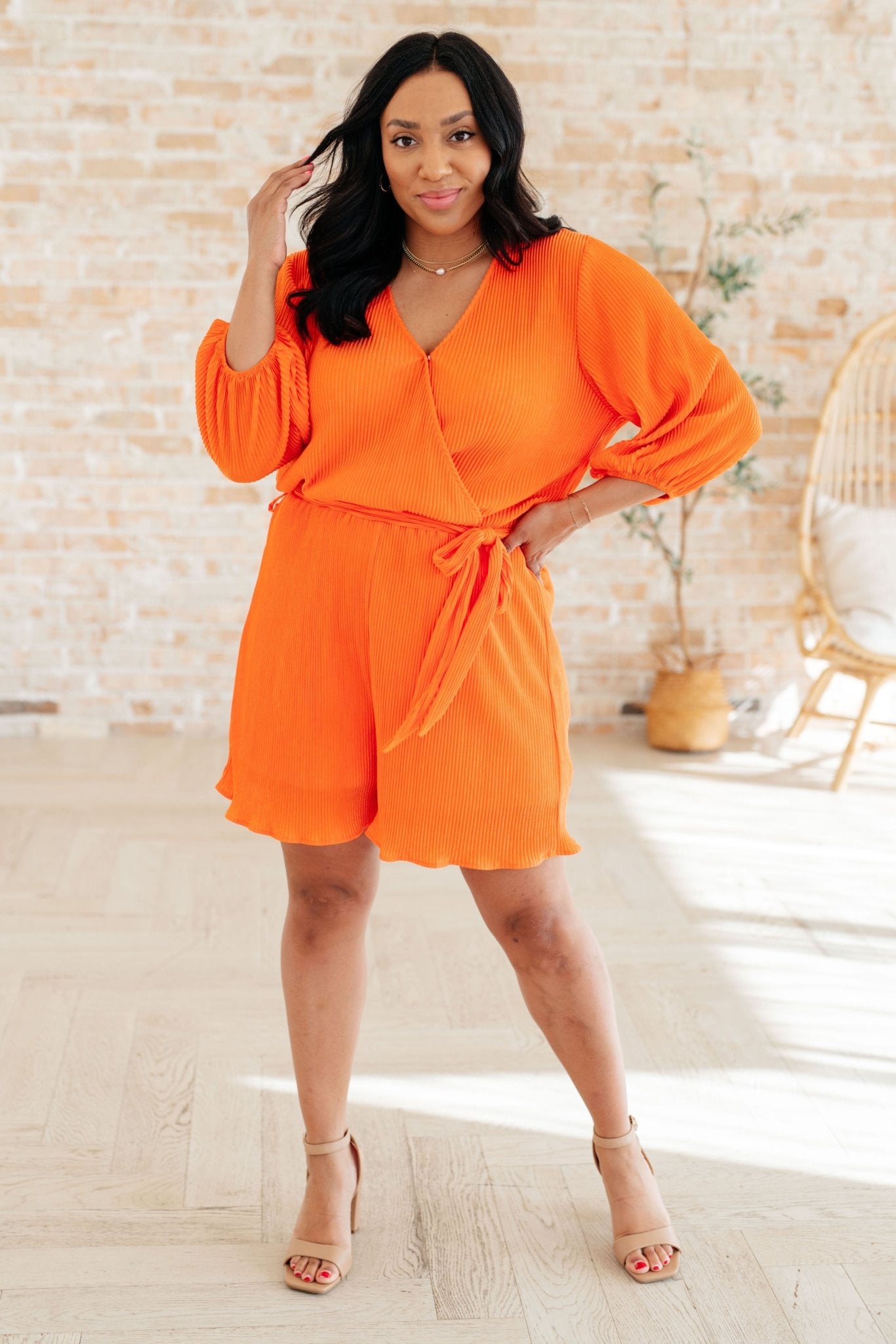 Roll With me Romper in Tangerine - Uptown Boutique Ramona