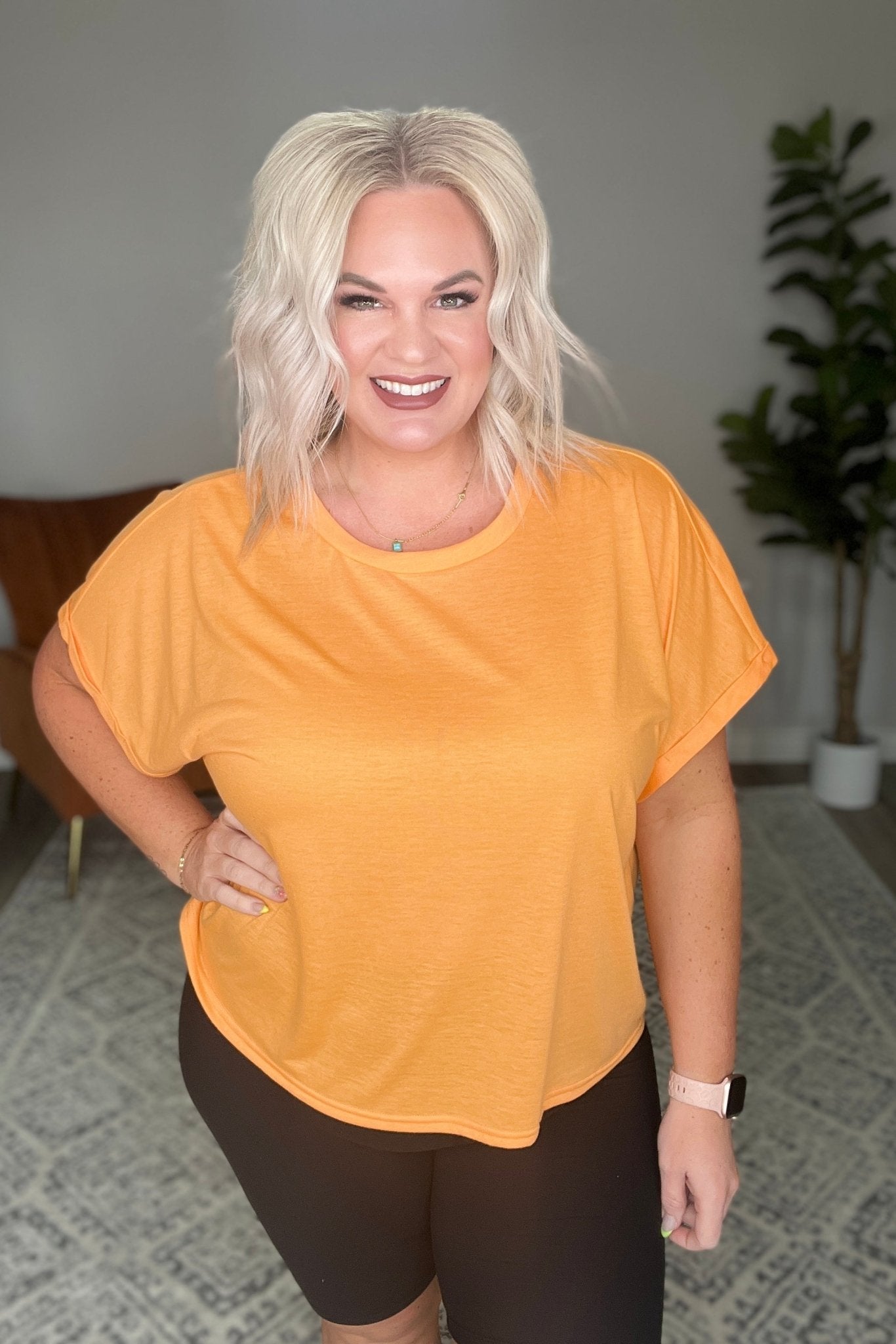 Round Neck Cuffed Sleeve Top in Neon Orange (Online Exclusive) - Uptown Boutique Ramona