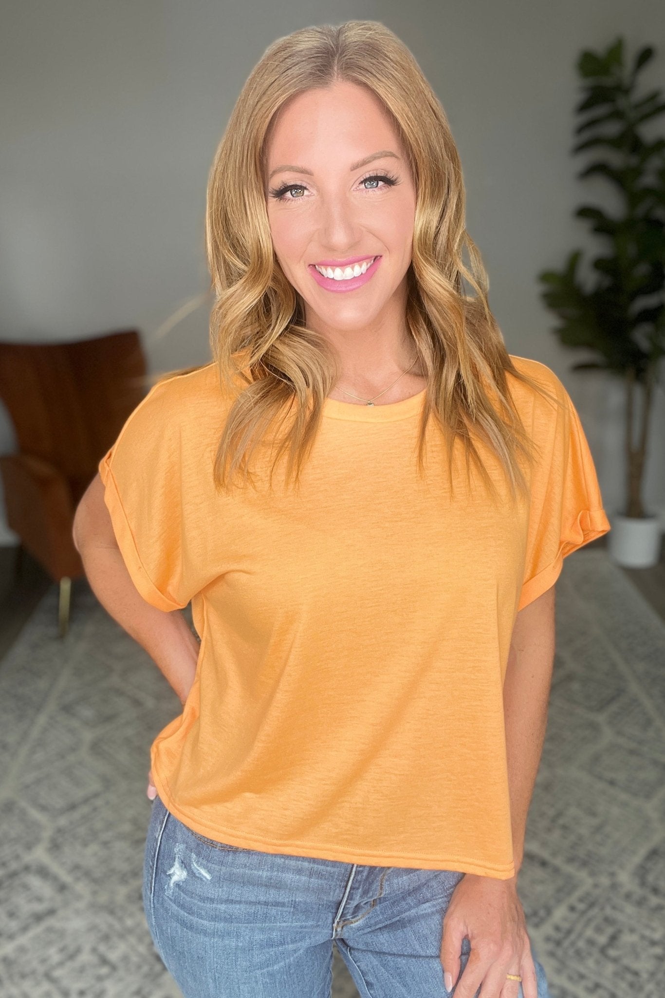 Round Neck Cuffed Sleeve Top in Neon Orange (Online Exclusive) - Uptown Boutique Ramona