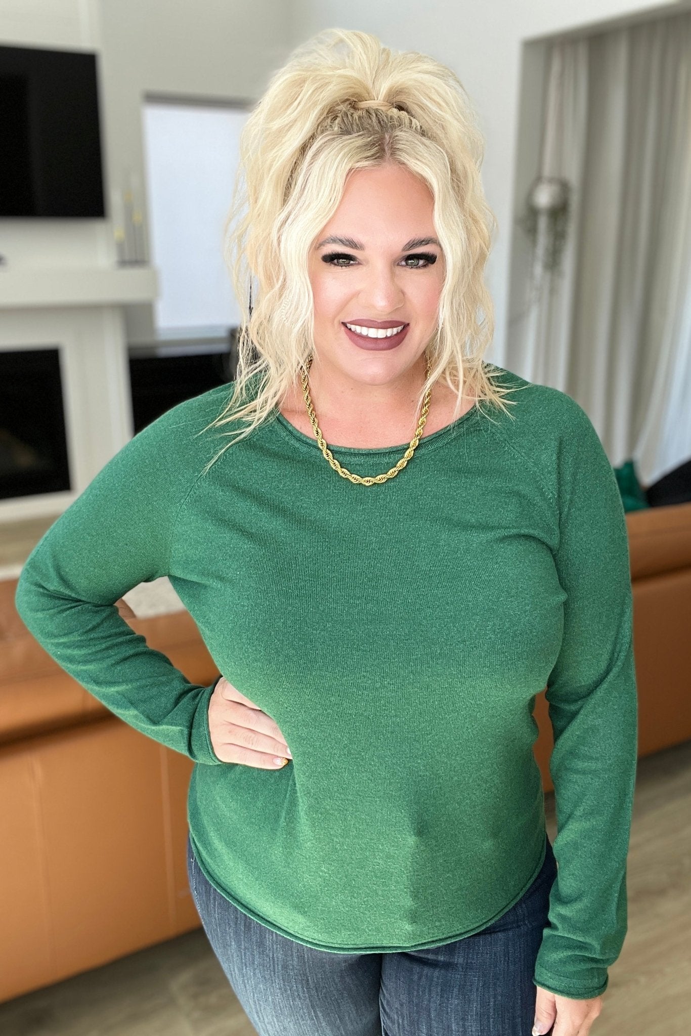 Round Neck Rolled Hem Sweater in Dark Green (Online Exclusive) - Uptown Boutique Ramona