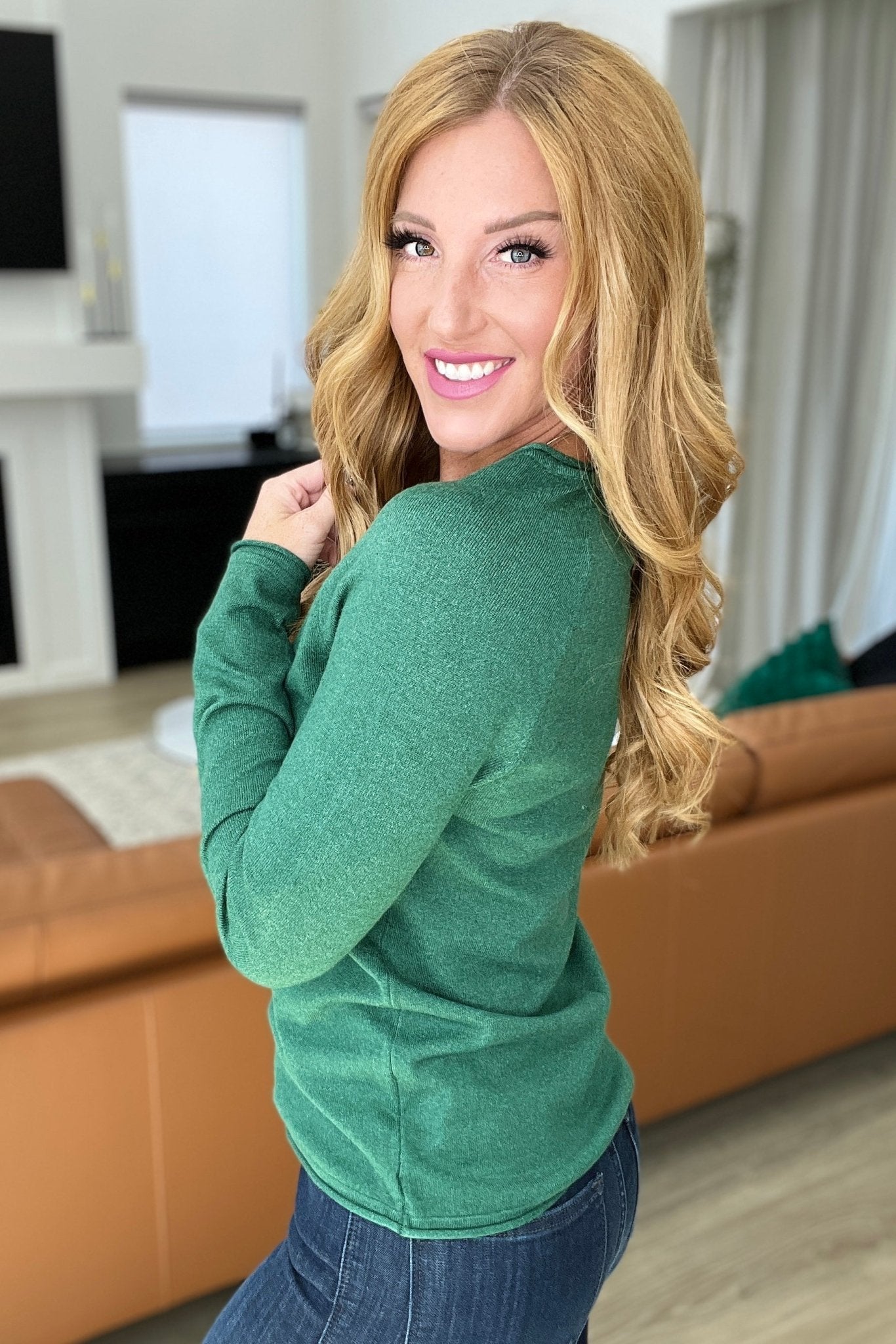 Round Neck Rolled Hem Sweater in Dark Green (Online Exclusive) - Uptown Boutique Ramona