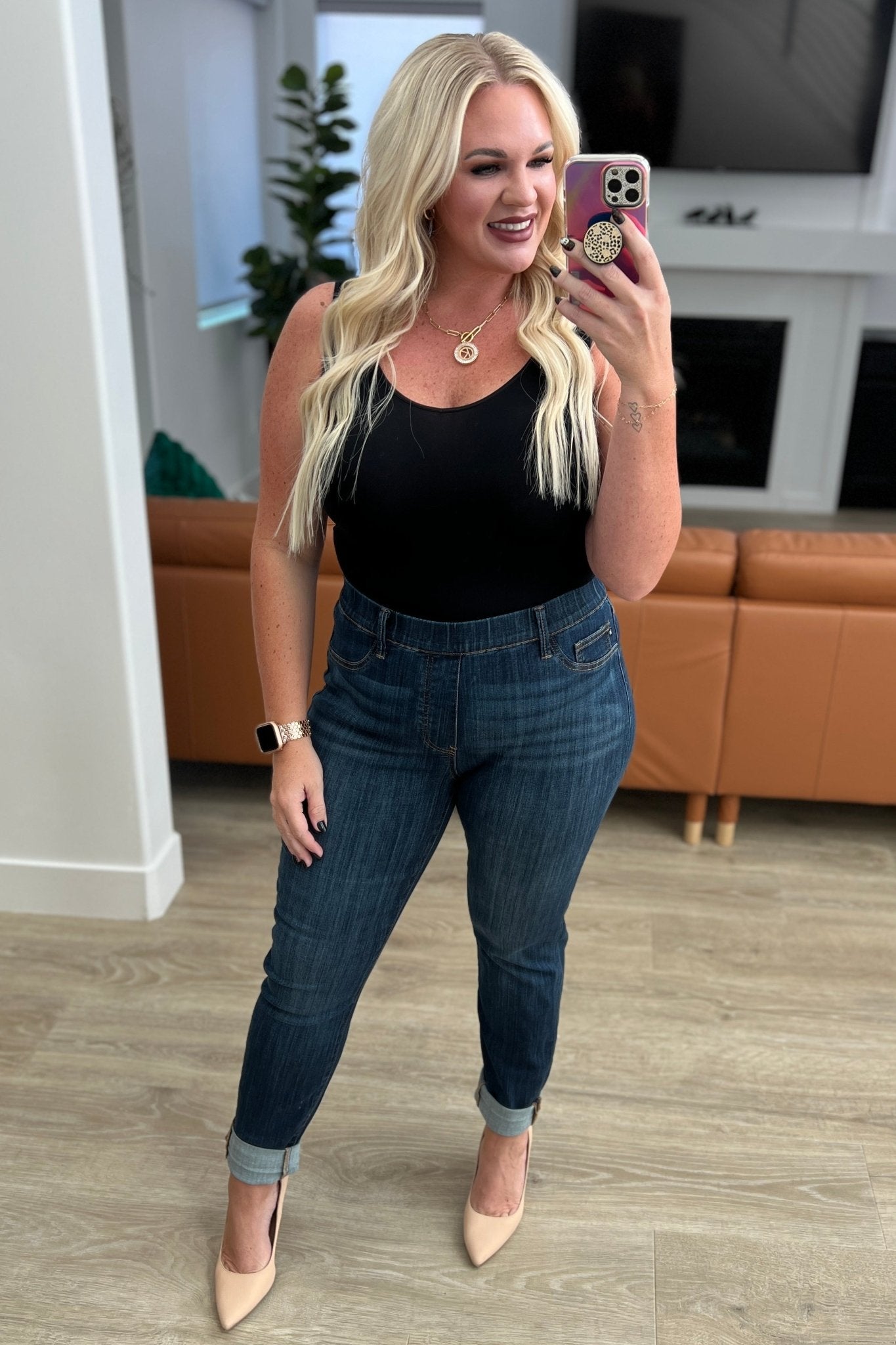 Rowena High Rise Pull On Double Cuff Slim Jeans (Online Exclusive) - Uptown Boutique Ramona