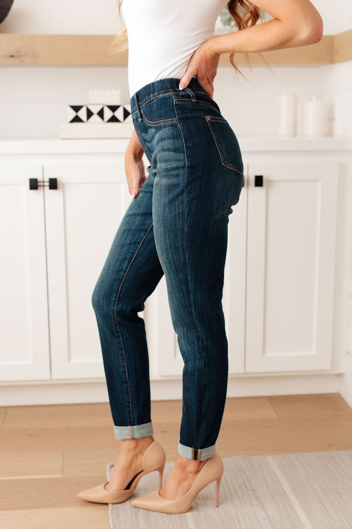 Rowena High Rise Pull On Double Cuff Slim Jeans (Online Exclusive) - Uptown Boutique Ramona