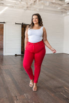 Ruby High Rise Control Top Garment Dyed Skinny Jeans in Red (Online Exclusive) - Uptown Boutique Ramona