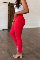 Ruby High Rise Control Top Garment Dyed Skinny Jeans in Red (Online Exclusive) - Uptown Boutique Ramona