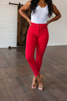 Ruby High Rise Control Top Garment Dyed Skinny Jeans in Red (Online Exclusive) - Uptown Boutique Ramona