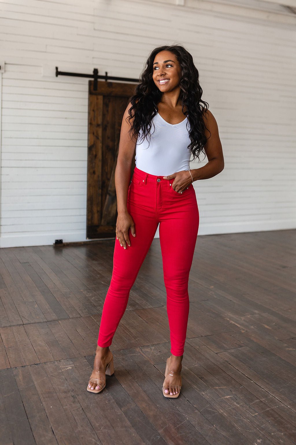 Ruby High Rise Control Top Garment Dyed Skinny Jeans in Red (Online Exclusive) - Uptown Boutique Ramona