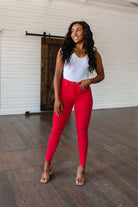 Ruby High Rise Control Top Garment Dyed Skinny Jeans in Red (Online Exclusive) - Uptown Boutique Ramona