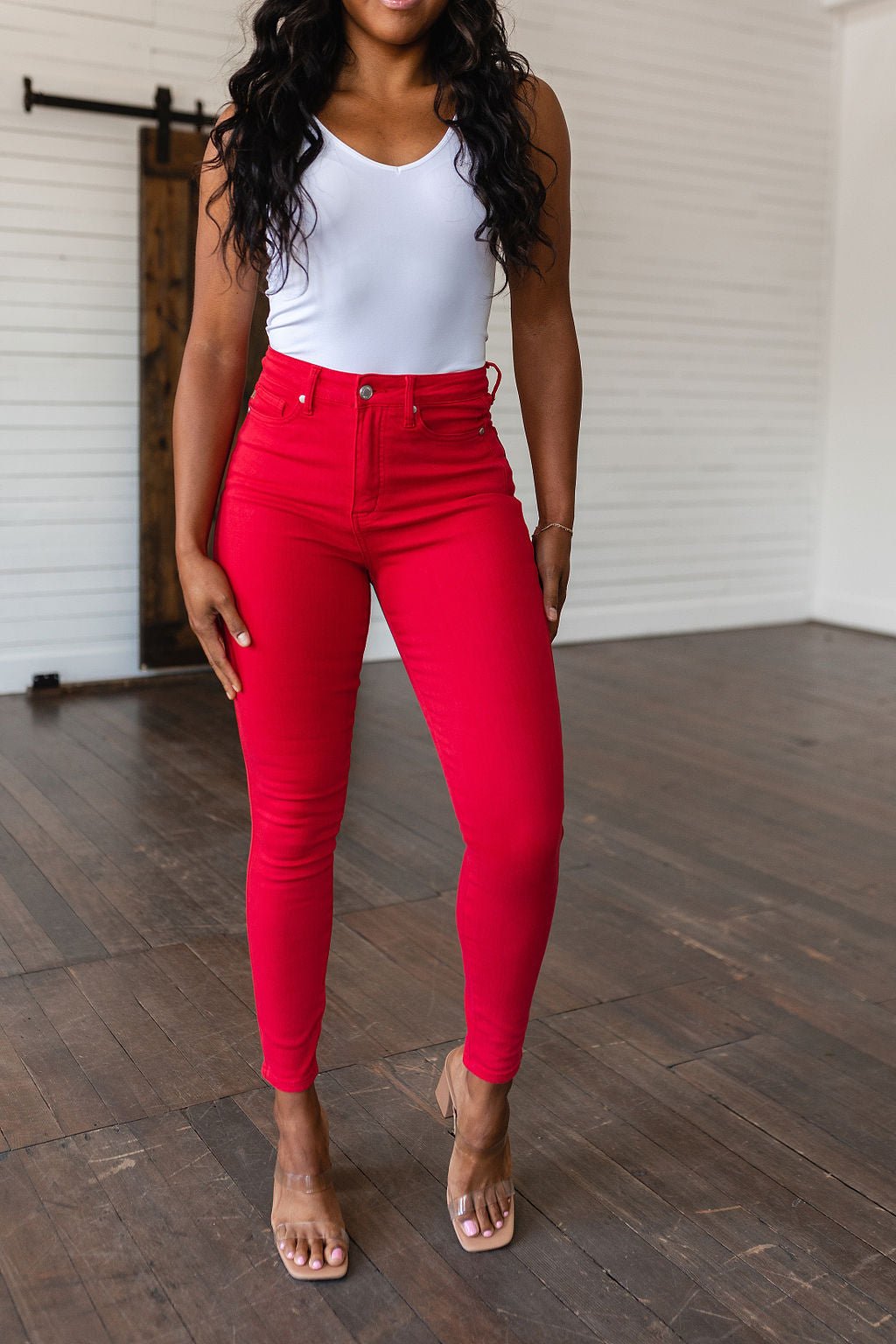 Ruby High Rise Control Top Garment Dyed Skinny Jeans in Red (Online Exclusive) - Uptown Boutique Ramona