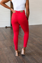 Ruby High Rise Control Top Garment Dyed Skinny Jeans in Red (Online Exclusive) - Uptown Boutique Ramona