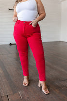 Ruby High Rise Control Top Garment Dyed Skinny Jeans in Red (Online Exclusive) - Uptown Boutique Ramona