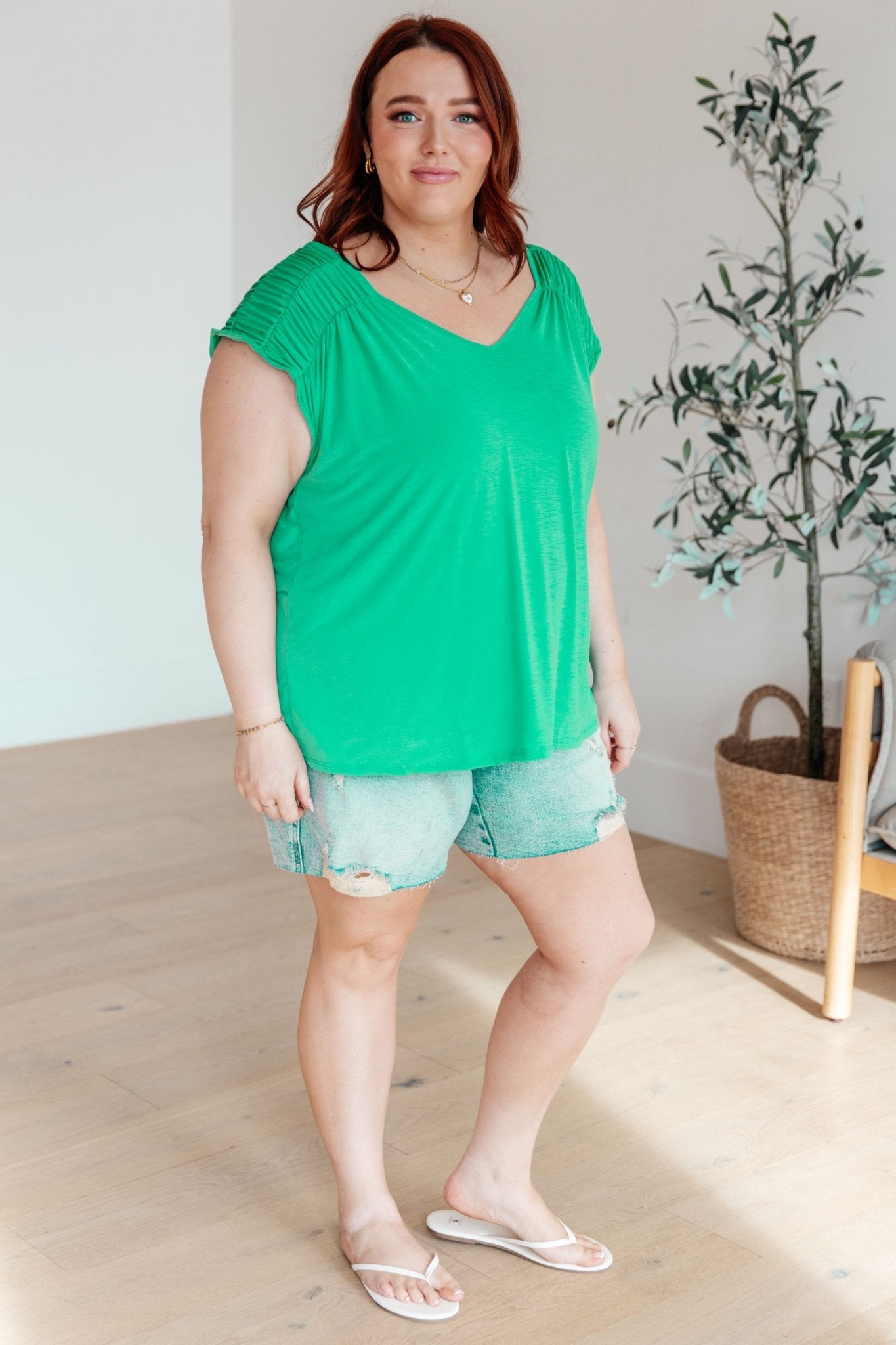 Ruched Cap Sleeve Top in Emerald (Online Exclusive) - Uptown Boutique Ramona