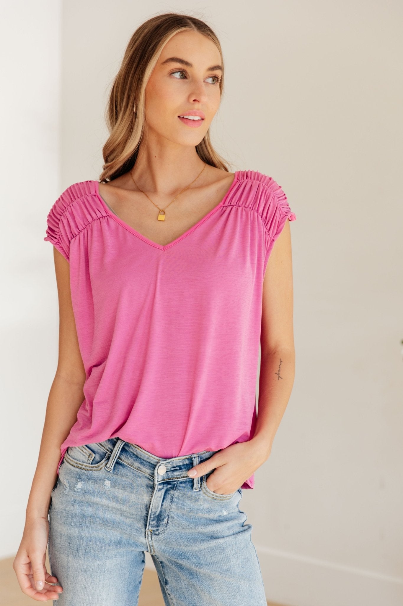 Ruched Cap Sleeve Top in Magenta (Online Exclusive) - Uptown Boutique Ramona