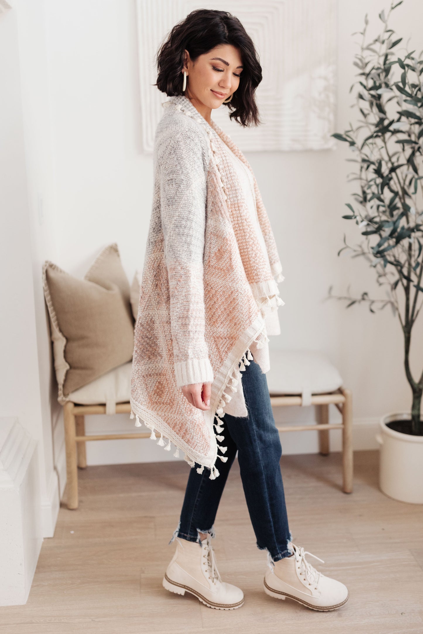 Lined with Tassel Cardigan in Mauve/Blue (Online Exclusive)