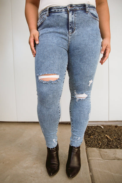 Acid Wash Destroyed Hem Skinny Jeans (Online Exclusive)