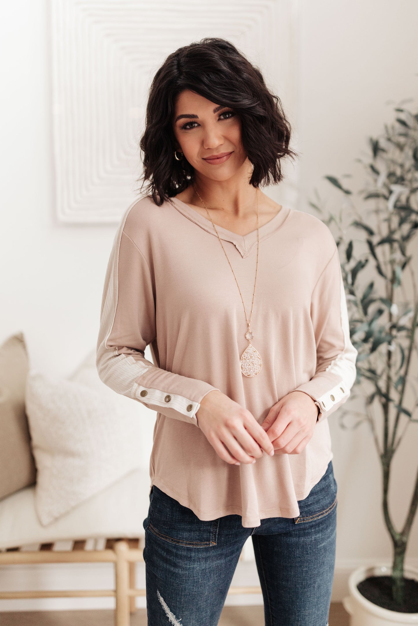 Coffee Date V Neck Top In Taupe (Online Exclusive)