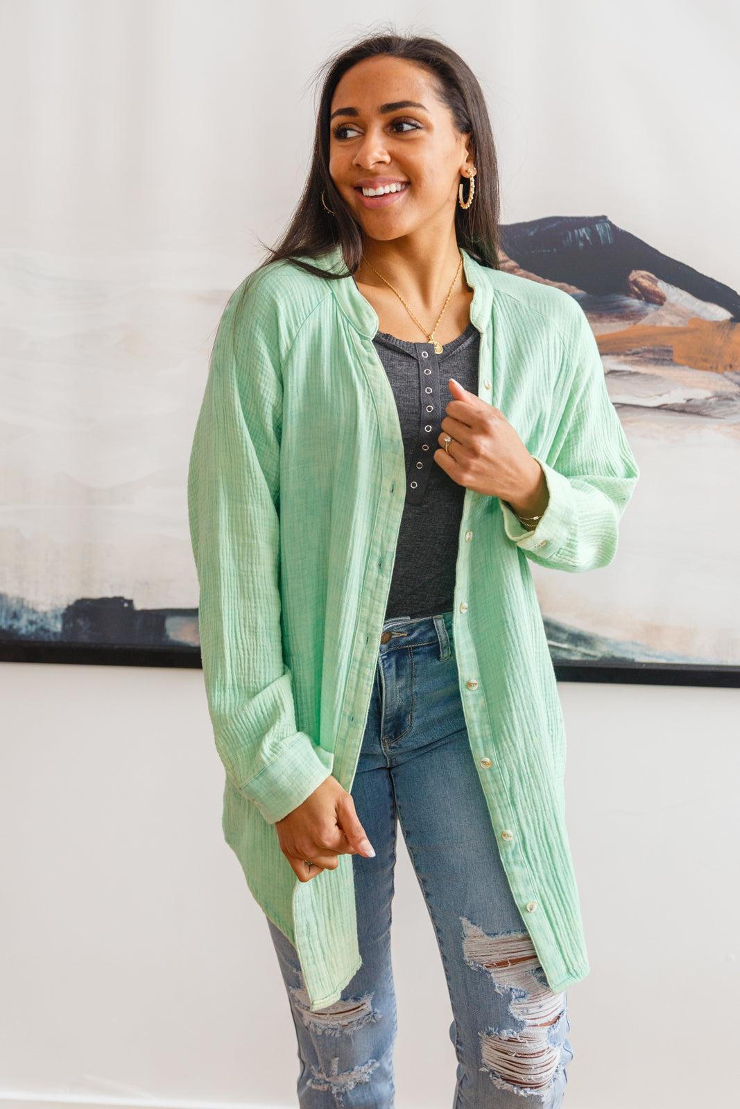 Corey Button Up Top In Vintage Green (Online Exclusive)