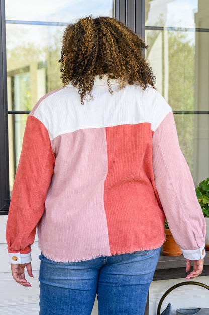 Draw You In Corduroy Color Blocked Shacket In Mauve (Online Exclusive)