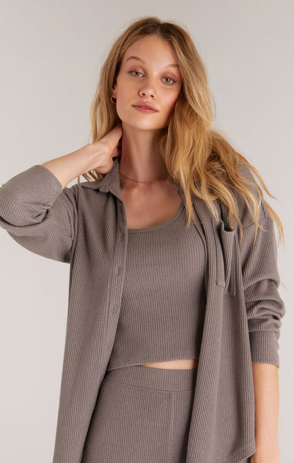 Button Up Rib Long Sleeve Top
