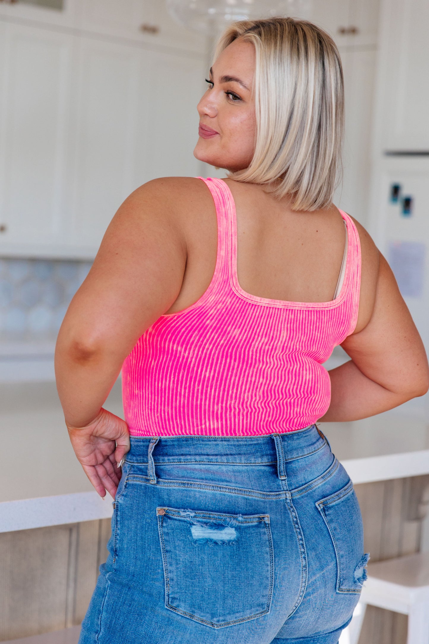 Effortless Reversible Mineral Wash Ribbed Tank in Neon Coral (Online Exclusive)