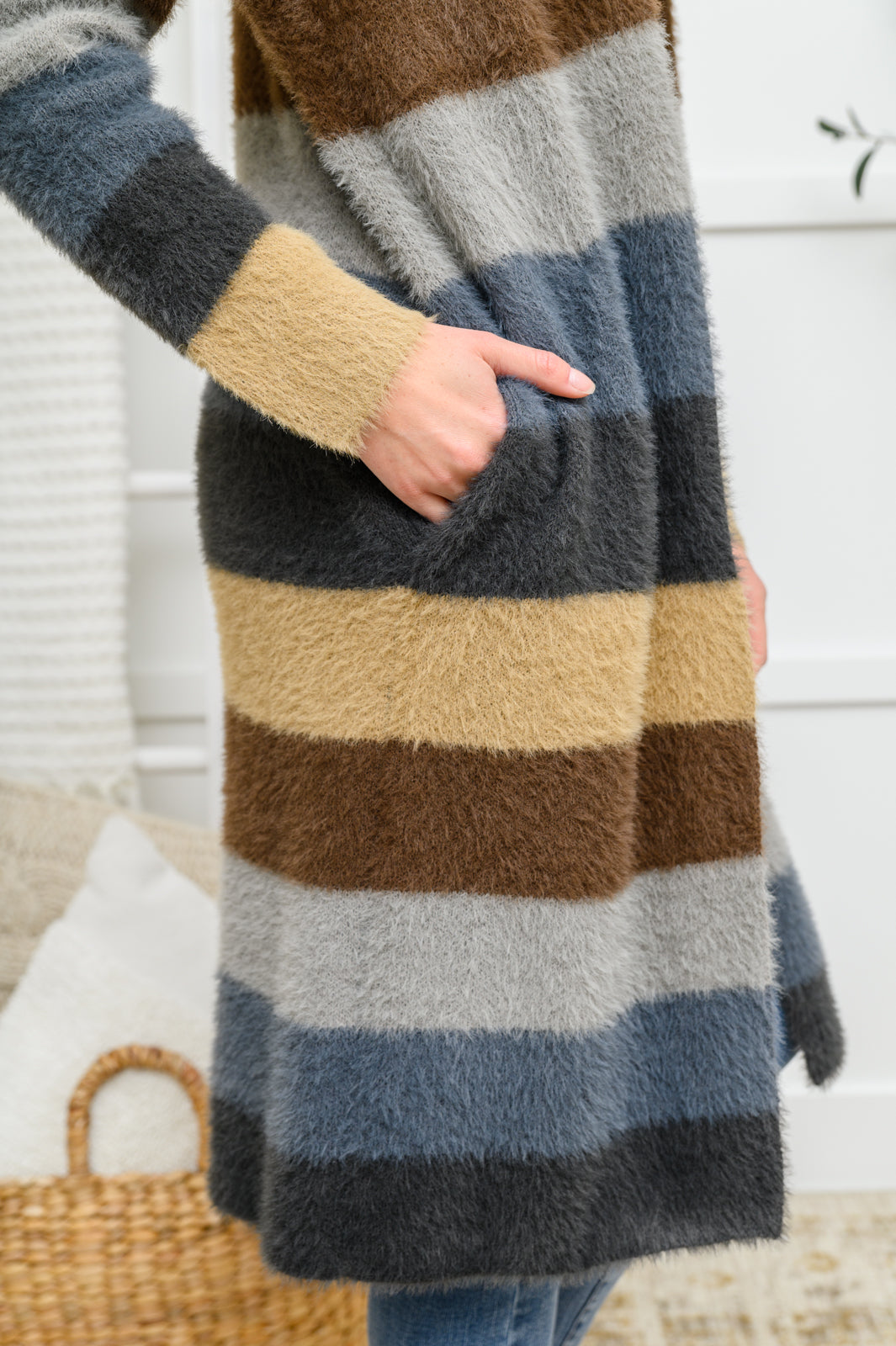Fuzzy Longline Cardigan In Blue & Cocoa (Online Exclusive)