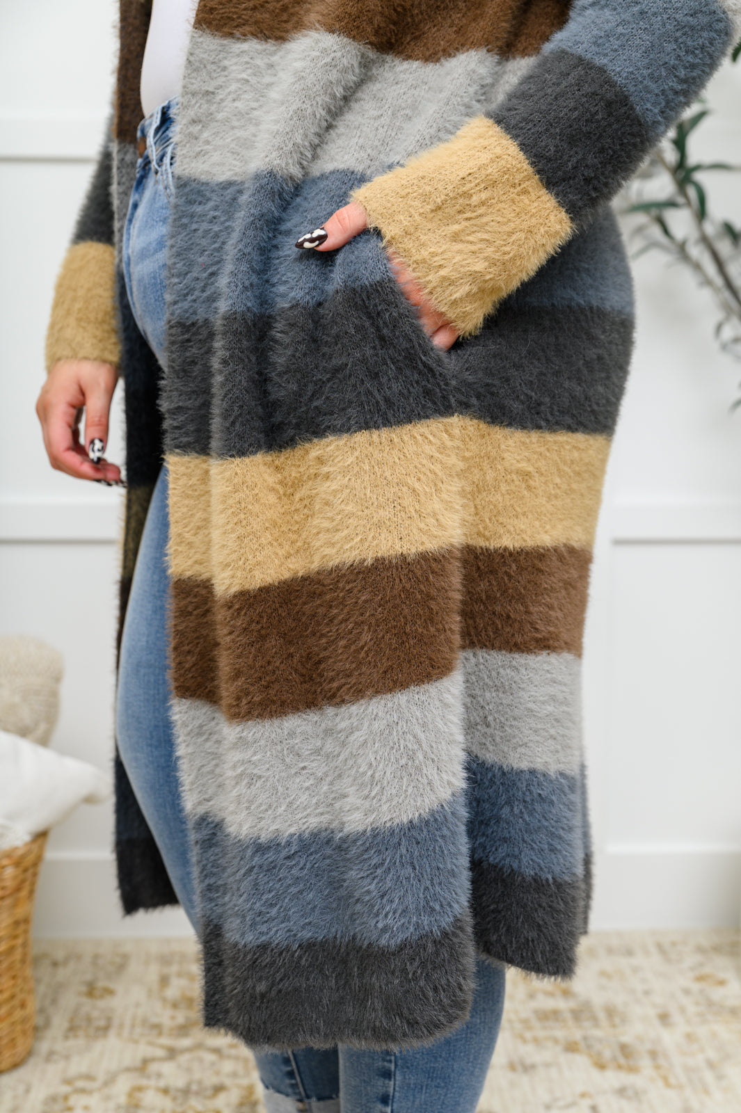 Fuzzy Longline Cardigan In Blue & Cocoa (Online Exclusive)