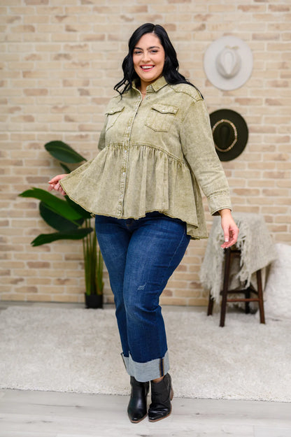 Green Tea Button Up Long Sleeve Top in Olive (Online Exclusive)