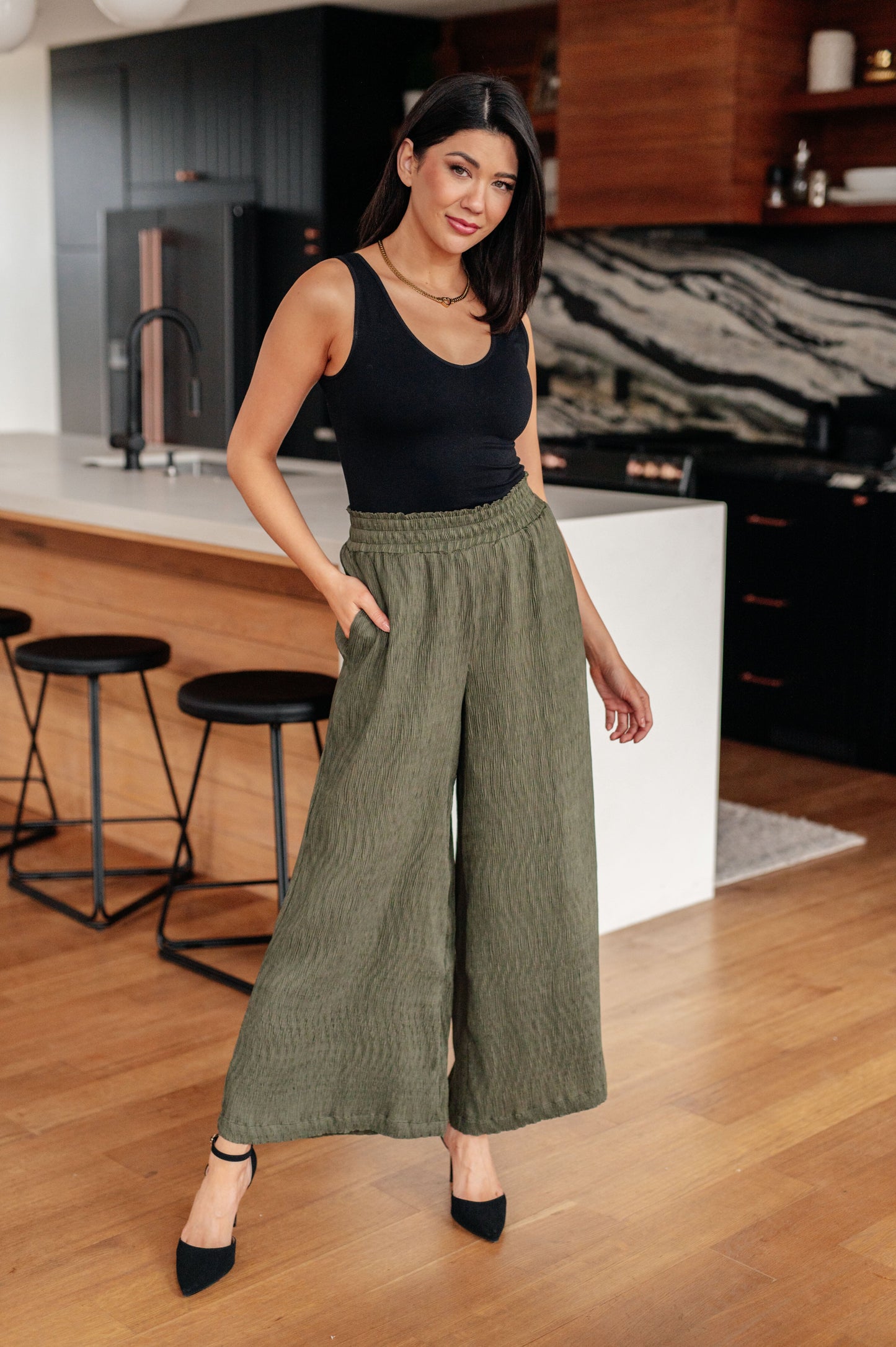 Harmony High Rise Wide Pants in Olive (Online Exclusive)
