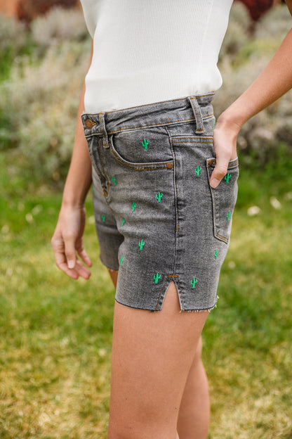 Hi-Waisted Cactus Embroidery Cutoffs (Online Exclusive)