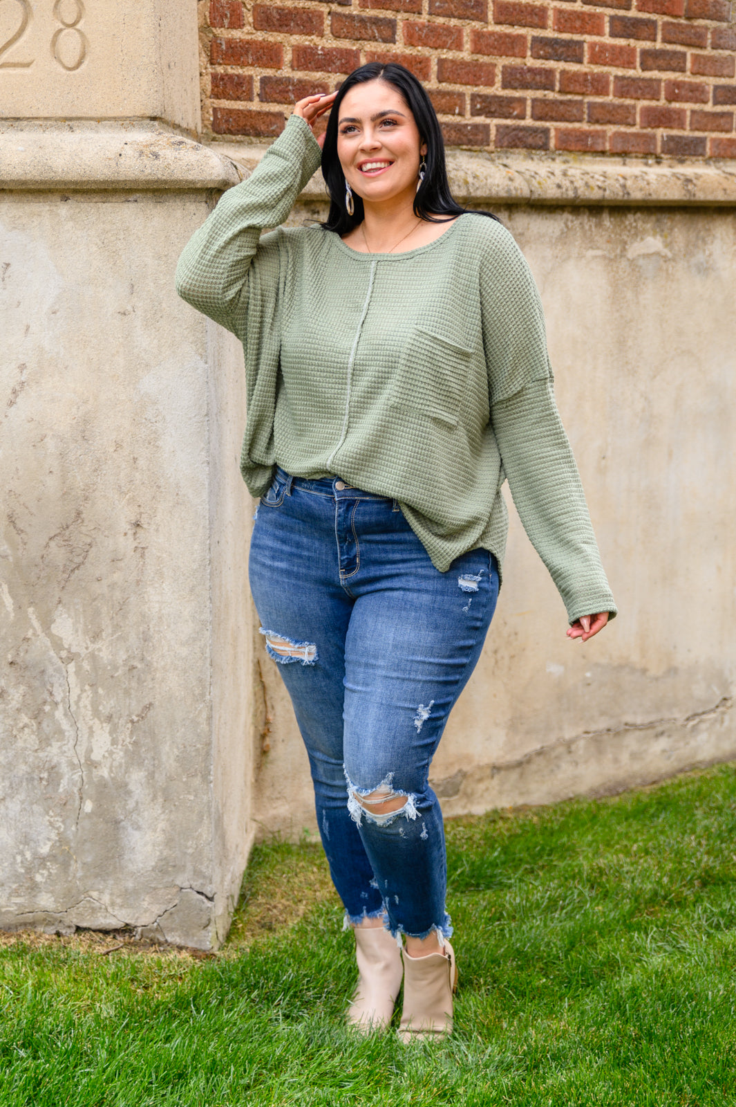 Hillside Views Waffle Knit Long Sleeve Top In Sage (Online Exclusive)