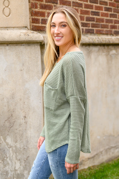 Hillside Views Waffle Knit Long Sleeve Top In Sage (Online Exclusive)