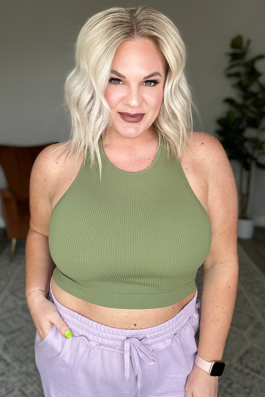 Ribbed Seamless High Neck Cropped Cami in Light Olive (Online Exclusive)