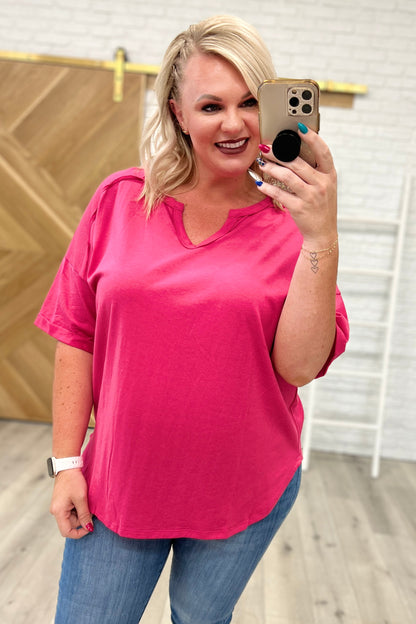 Notched Neck Drop Sleeve Top in Hot Pink (Online Exclusive)