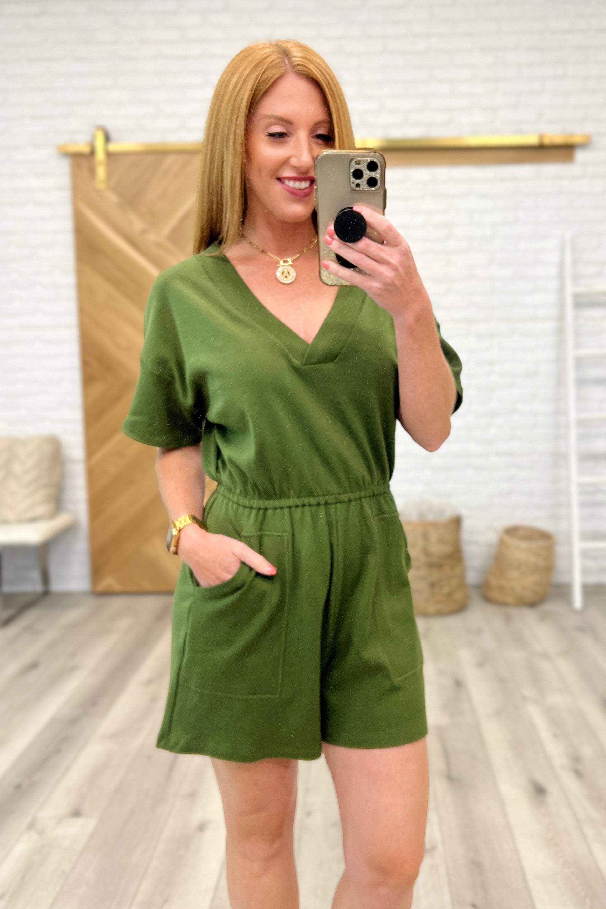 Short Sleeve V-Neck Romper in Army Green (Online Exclusive)